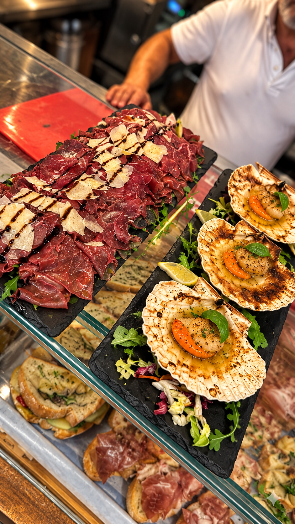 Il banco del bacaro con taglieri di carne salada e capesante gratinate