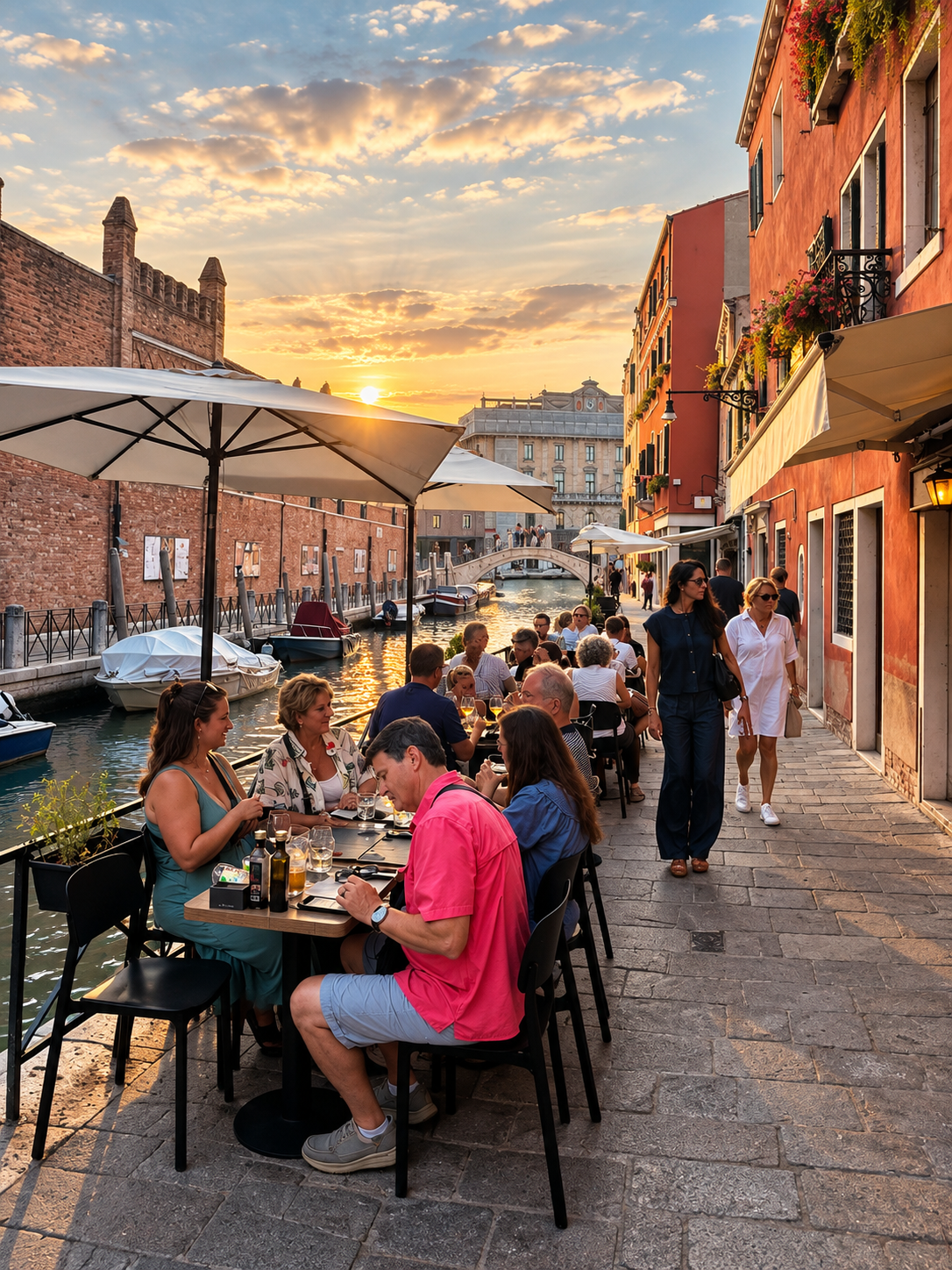 Tavoli del bistrot lungo il canale veneziano al tramonto, con ospiti seduti sotto gli ombrelloni