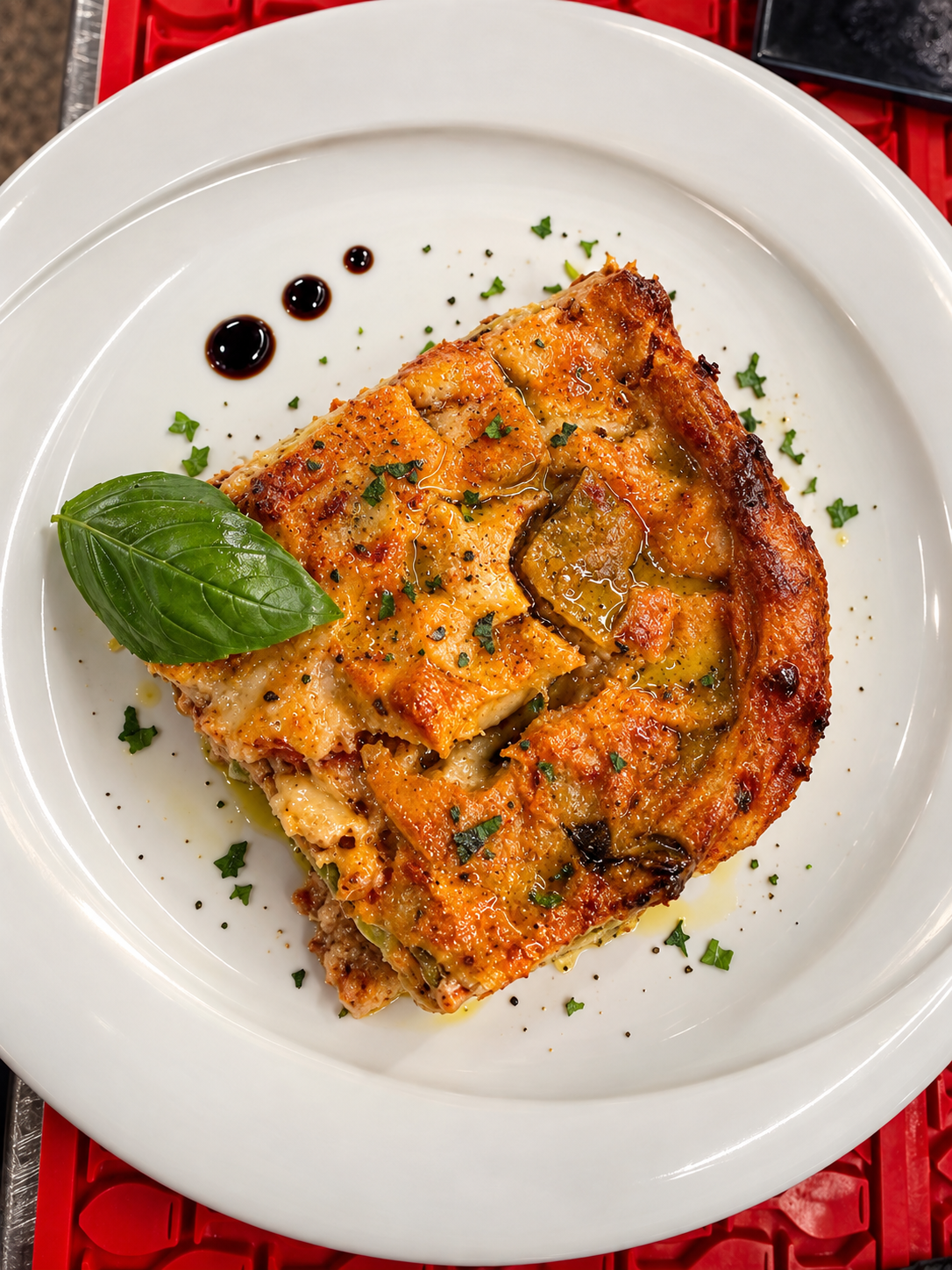 Porzione di parmigiana dorata con foglia di basilico e gocce di glassa